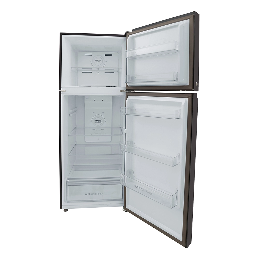 Haier Vogue Series 328L , Yellow Grey Glass Finish Top Mount Frost Free 10 in 1 Convertible Refrigerator HRF-3783YGG